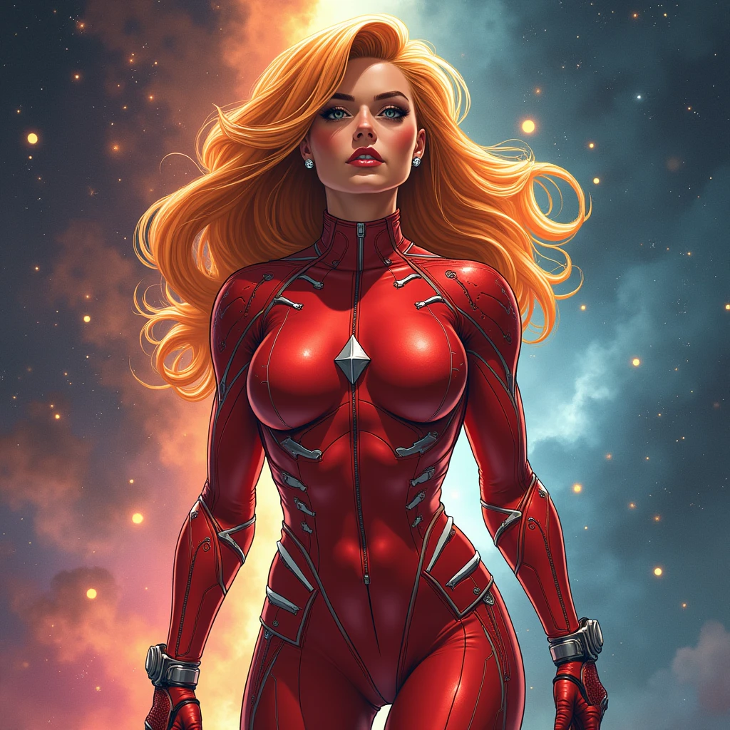 muscular woman mesmerizingly beautiful REDHEAD CARAMEL diamond zero suit samus FLYING IN SPACE GALAXY front portrait face to waist, advanced punk figurative art background, estilo alex petruk