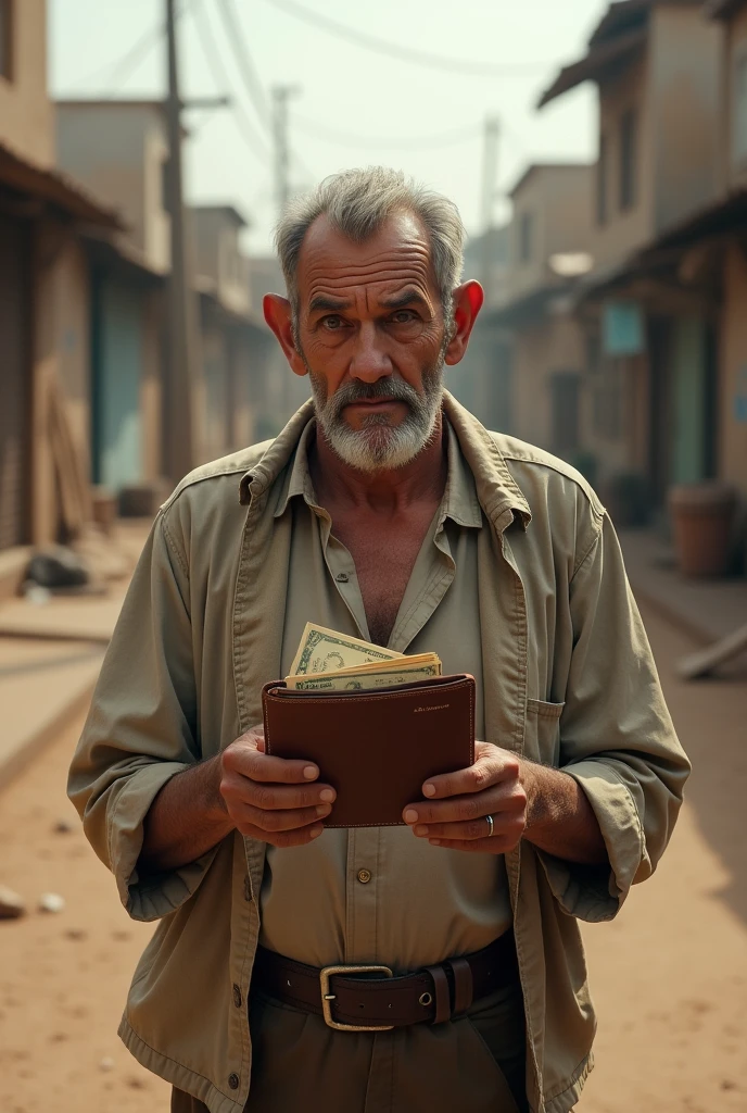 The DiscoveryDescription: A poor man in simple, worn-out clothes stands on a dusty street. He’s holding a leather wallet, slightly worn but full of money. His expression is a mix of surprise and temptation as he looks at the wallet, with the cityscape in the background hinting at a low-income neighborhood.Key Details: Focus on the man's humble attire, the wallet brimming with money, and the thoughtful expression on his face as he contemplates what to do.