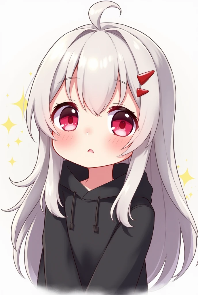 Chibi anime girl with long white hair and red eyes wearing a very cheerful black hoodie 