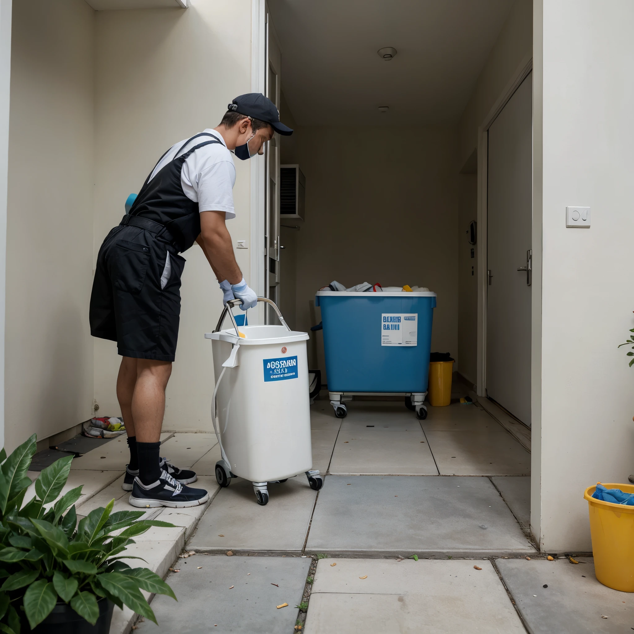A daytime scene in a residential condominium with a janitor performing cleaning duties. The janitor is seen , standing in the middle of a street lined with apartment buildings on both sides, holding a broom and sweeping the ground. Next to him is a cleaning cart filled with various cleaning supplies, including a trash bin, a mop, and cleaning solutions. He is dressed in a neat uniform, with gloves on his hands, and the scene captures his focused posture as he works. The street is well-maintained, with clean sidewalks and neatly trimmed plants along the edges. The atmosphere is bright and orderly, reflecting the dedication and hard work of the janitorial staff. The scene should convey a sense of cleanliness, organization, and the importance of maintaining a tidy environment in the condominium.