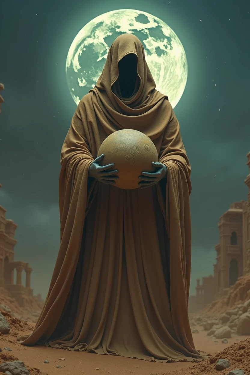 4k highly detailed realistic digital extremely high quality RAW photograph, dark arabian fantasy in the style of hp lovecraft, highly detailed sand golem he have Saturn planet in his hands moonlit desert ruins, dynamic light, matte painting, dynamic angle, slow shutter speed, dynamic shadows