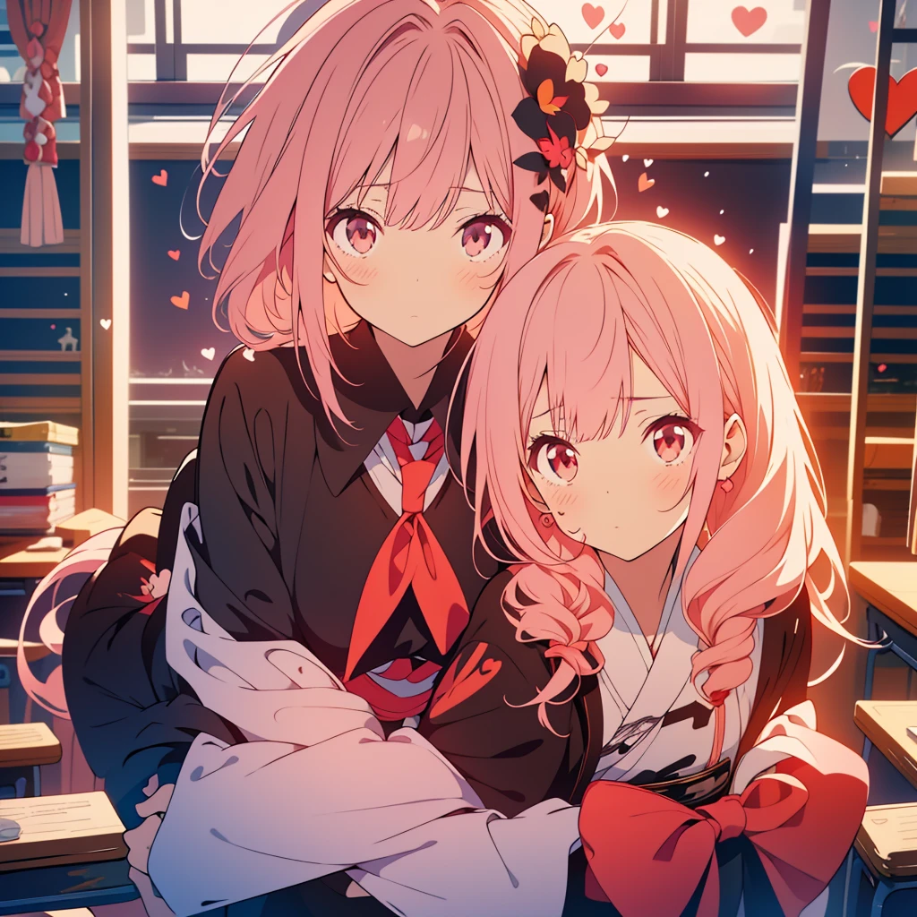 kawaii, anime, Cute, hyper quality, highly detailed, 8k, Clarity, Draw  expressions in detail, Girl with short light pink hair and scarlet eyes, black lily flower, black lily, troubled look, love letter, heart mark, perplexed, student, classroom, after school, heart mark, grieve, black lily in vase, 