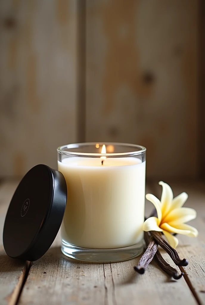 Good quality photo of vanilla scented candle in a glass jar with black lid on a rustic background