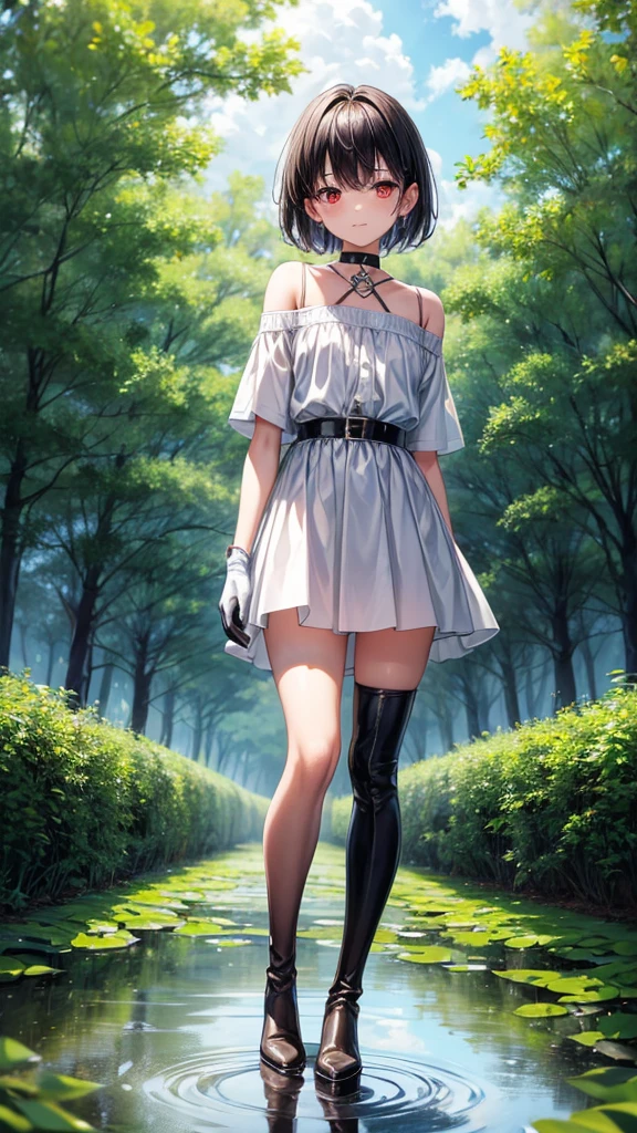 score_9, score_8_up, score_7_up, score_6_up, score_5_up, score_4_up, source_アニメ, Center of frame, Fantastic view, beauty of the frame, corrections of small and very small frames, unsteadiness of colors, great work of art, mesmerizing photo, ultra quality, precise frame,
Mysterious Place, the forest, sky, clouds, деревья прикрывают sky, dark trees, green leaves, a huge puddle in the center of the photo, beautiful girl, Red eyes, red eyes, short hair, smile, black hair, black hair, choker, White shirt, short trousers, a gold bracelet, wear thigh high boots, Brown boots, hip strap, leather gloves,
puddle up to the knees, girl's knee-high boots in a puddle,
girl in confusion, blushed, leg movement,
ultra quality, amazing puddle quality,
8k, super quality,