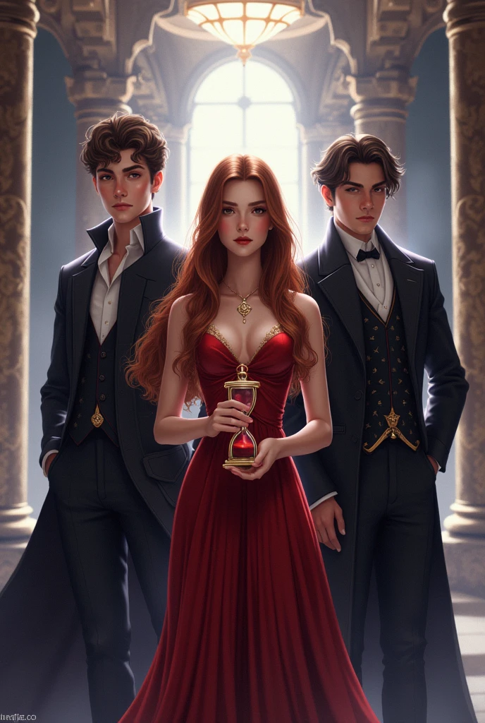Olena: 20 years old with long reddish-brown hair and hazel eyes. Elegant, fantasy-inspired attire.

Segast: Young man with short brown hair and deep brown eyes. Royal, sophisticated clothing with a modern touch.

Eugan: Slightly older with intense black eyes and dark hair. Dark, elegant clothing suggesting mystery.

Background: Grand palace with magical and mysterious elements.

Lighting and Mood: Dramatic with high contrast to evoke romance and intrigue.

Composition: Olena in the center holding an hour glass, with Segast and Eugan flanking her, showing tension and interaction.