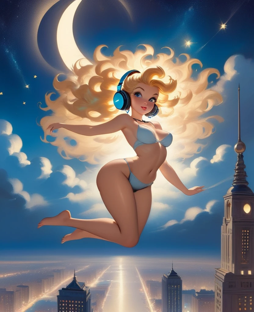 A Gil Elvgren pin-up style painting of a beautiful nude  blonde woman with big messy hair,  floating on a cloud gracefully laying on the cloud, wearing headphones, with moon light, twinkling stars and stardust, vibrant and colorful, full body shot, looking down at a small city at night, cityscape 