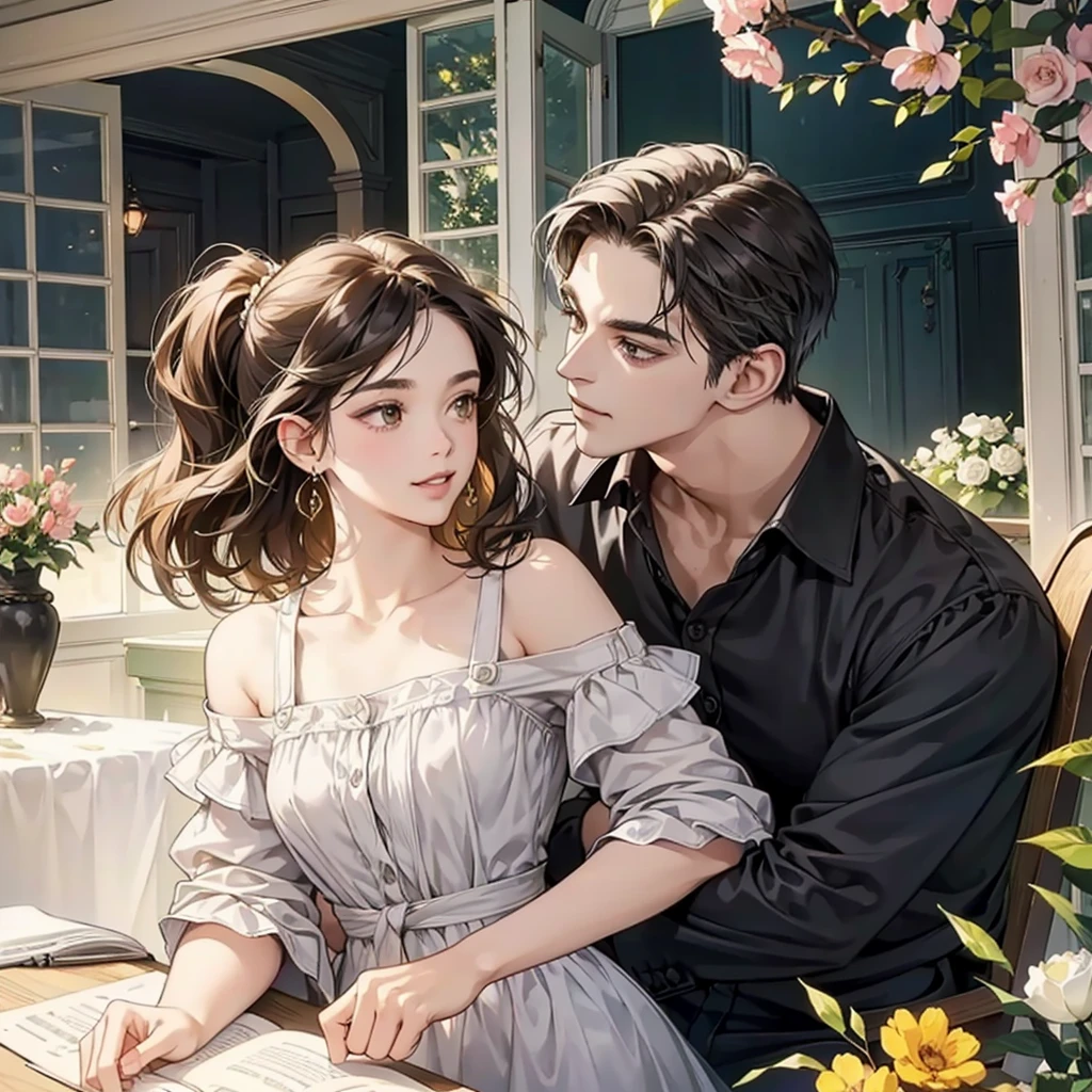 a cute couple stand and stand together near a big pile of food, 1girl, 1boy, table, breasts, closed eyes, brown hair, indoors, kitchen, open mouth, hair bun, cleavage, smile