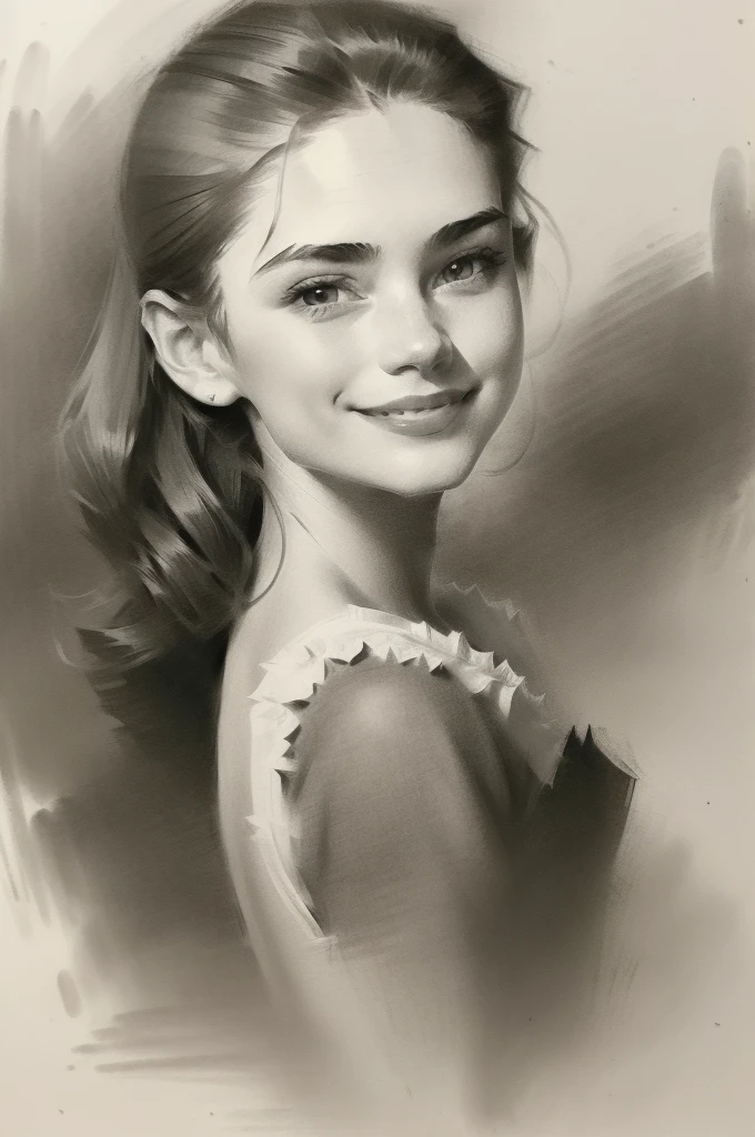 a charcoal drawing of a 20 years old Monroe, detailed face, smiling, head and shoulders portrait, flower background, one girl, solo, in the style of Andrew Loomis, Norman Rockwell, old master drawings and prints, expressive character, masterpiece, charcoal sketch drawing, full body drawing