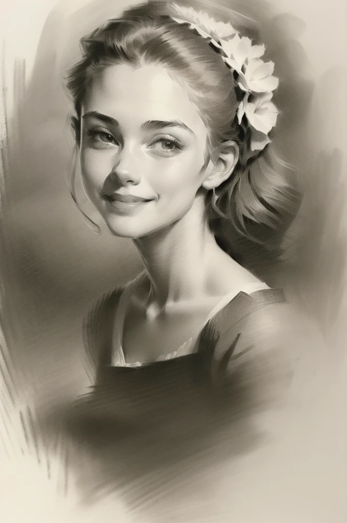 a charcoal drawing of a 20 years old Monroe, detailed face, smiling, head and shoulders portrait, flower background, one girl, solo, in the style of Andrew Loomis, Norman Rockwell, old master drawings and prints, expressive character, masterpiece, charcoal sketch drawing, full body drawing