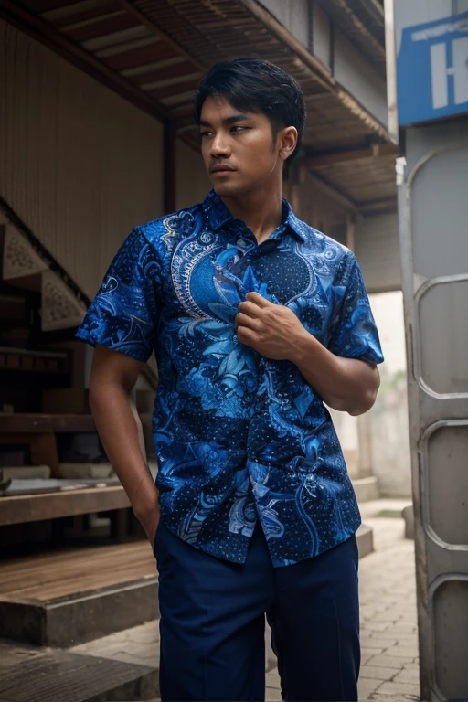 ((best quality)), ((masterpiece)), (detailed), 25 years old Indonesian men wearing blue indonesia batik , blue repetitive patern batik , blazzer, shop street, highly detailed, intricate, 8k octane rendering