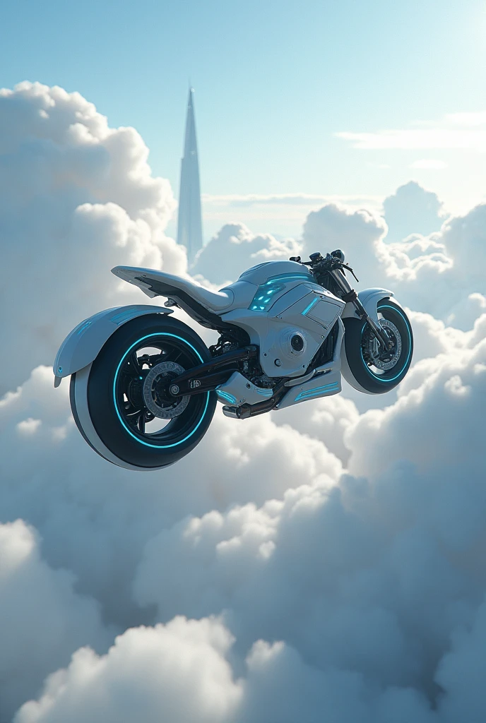 Future motorcycle, flying, clouds, cloudskratzer, Wheels folded down 