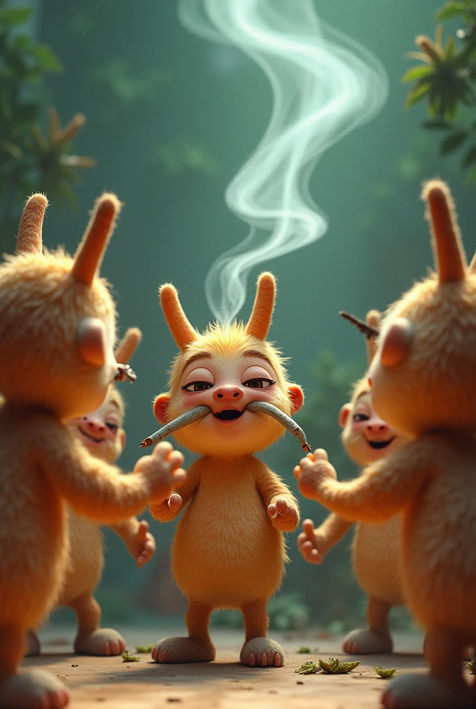 A animated character smoking a blunt and passing it around to other characters that are himself