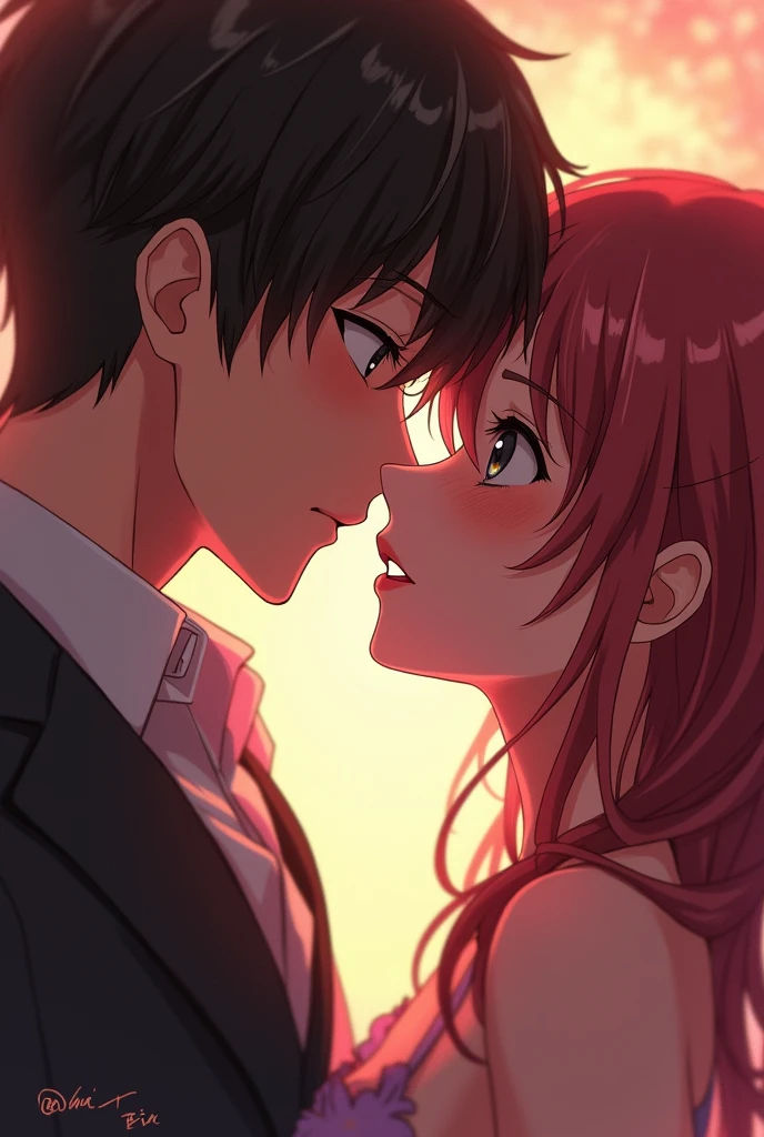 Hot anime girl moist lips kissing a man