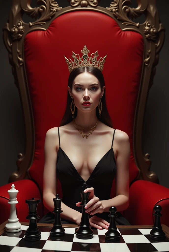 Modern bold Queen with proper dress less clevage on red throne playing chess  with other have queen in Hand