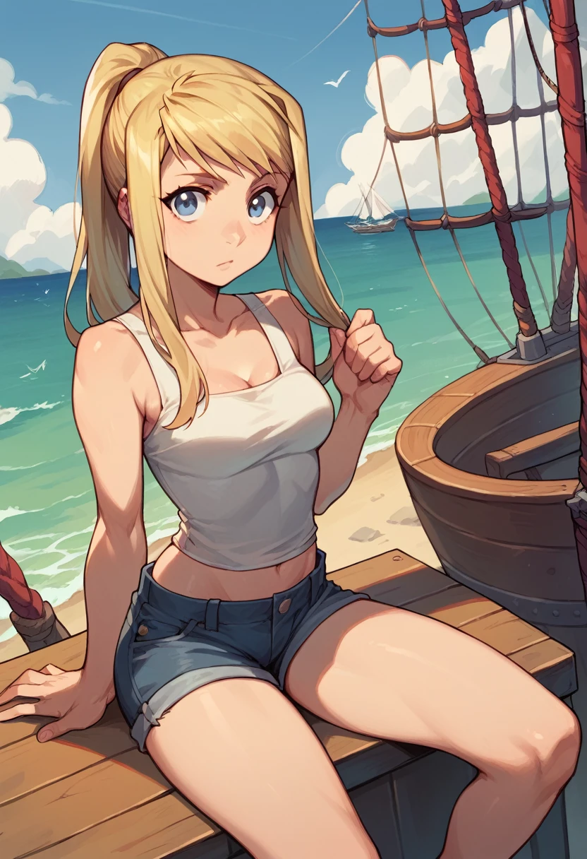 1girl, winry rockbell, wearing a tank top(tight fitting, white colour), denim short pant, ponytail, late middle age, looking at the viewer, ship on the background