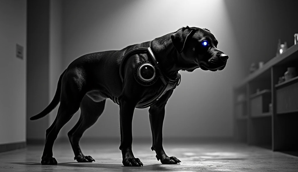 (Black and white:1.5) retro-futuristic photo of a bio-mechanical Rottweiler, half biological, half high-tech implants, metallic spine and glowing eye, poised for attack, full body, stark laboratory setting, (dramatic chiaroscuro lighting:1.4), low angle shot, (ultra-high contrast:1.3), (film grain:1.2), style of (H.R. Giger:1.4) and (Ridley Scott:1.3)
