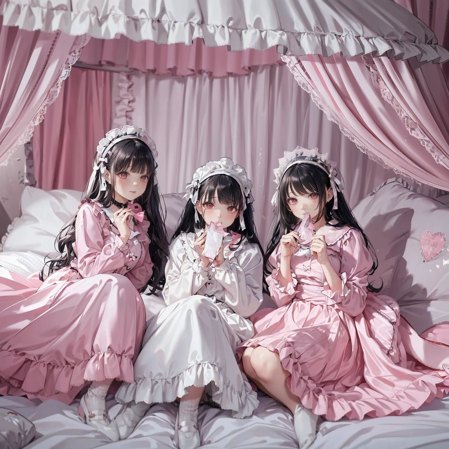 (score_9_, score_8_superior, score_7_superior, sauce_anime, 8k, masterpiece, Highest quality, Very detailed, Very delicate and beautiful, Official Style, Depth of written boundary, Very detailed, so beautiful, Complex, Overall Details, Perfect Anatomy), View your viewers, ((Faint Light:1.2)),
, (Black Hair, Pink Hair, Two-tone hair), Long Hair, two side superior, Black Hair bow, Red eyes, jirai kei, (Cross-strap clothing, Pink Shirt, Long sleeve, Frillsed sleeves),Frills, Black bow tie, Black belt,Black Skirt,Luxurious pink and black head dress with Frillss and ribbons,Detailed headdress, Detailed dress,
Red eyes,Heart Eyes,
Heart Brooch, heart earrings, ring, Manicure, Pink Nails, Black nails, black mouth mask, Black choker,
Holding her hand,Please keep your hands close to your mouth,She's staring at the camera with a greedy face,She seems to be crying.Wicked Smile,
pink canopy bed,Frillsのカーテン,Frillsの付いたピンクの枕,Frills付きの黒い枕,Red pillow with hearts, Very soft bed,A soft Frillsed devet,Soft pillow,Pink balloons,black balloon,
sit, ベッドのsuperiorで, (indole, Hotel Rooms, Love Hotel, Pink Wall, pink bed sheets), (Condom box, Okamoto Condom 0.01), pink smartphone,Smartphone with heart-shaped diamonds,
Eating lolipop,