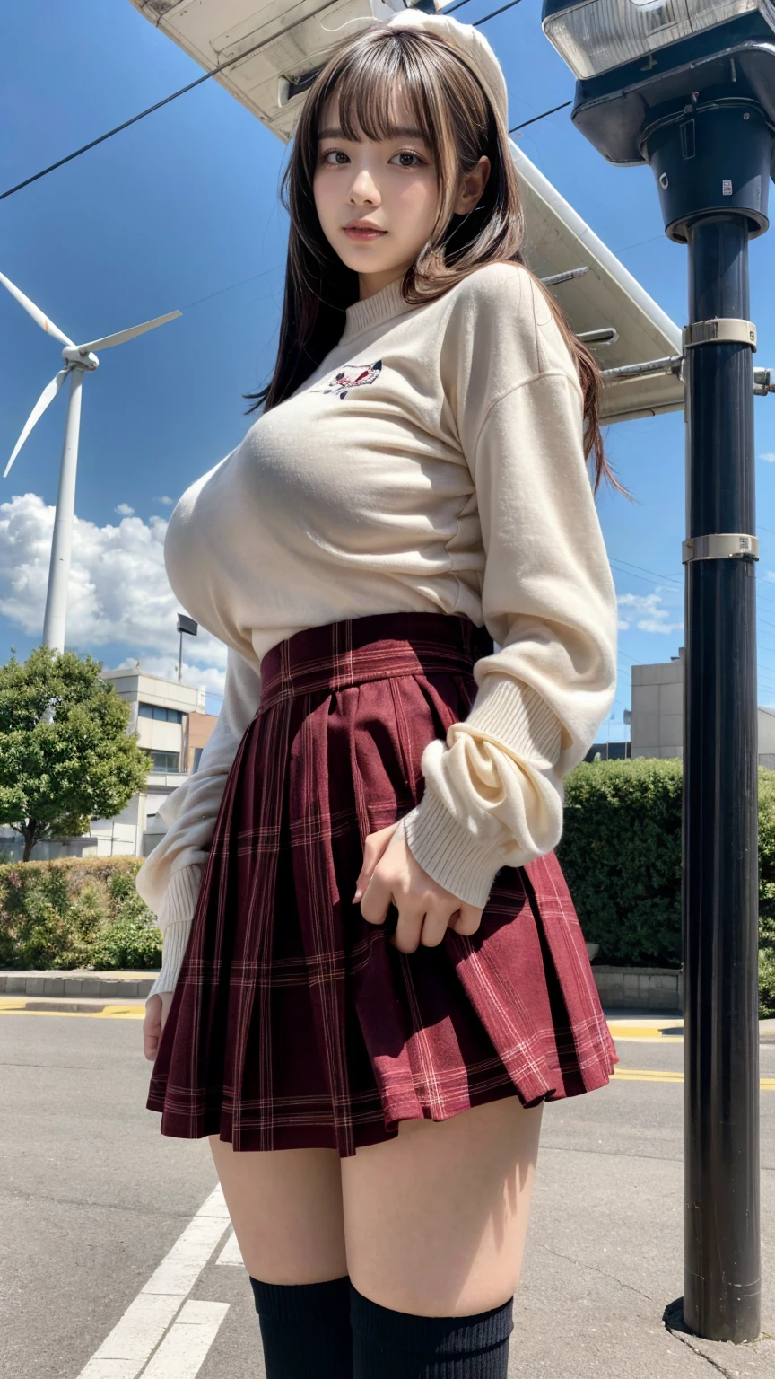 1 giantess standing above the city,Graceful figure,1 girl, from_below,big deal_breast, long_sleeve, outdoor, , shooting, Plaid, Plaid_skirt, strength_Lines, School_, skirt, Sky, alone, underwear, upskirt, Utilities_No, wind_turbine,realistic art,(emphasize),Look up at camera,a giantess, crying a little、 Harajuku style、20 year old girl、cute type、lolita、beautiful legs,