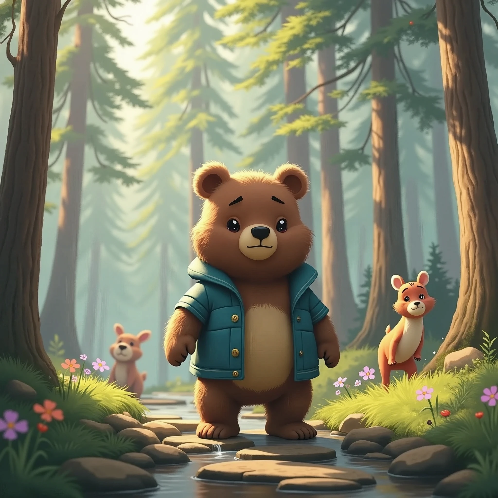 "Benny the bear carefully crossing a sparkling stream on stepping stones. The stream is surrounded by vibrant wildflowers, and Benny looks determined as he heads towards a gathering of animals on the other side."