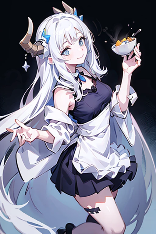 portrait, maid costume，white apron， White Demon Horns，white hair，blue eyes，Smile，long hair，black，Half body，Fingers without defects，2k