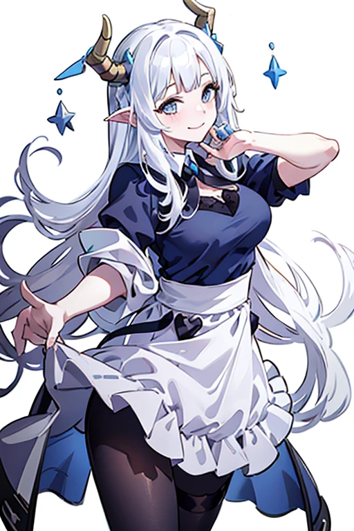 portrait, maid costume，white apron， White Demon Horns，white hair，blue eyes，Smile，long hair，black，Half body，Fingers without defects，2k