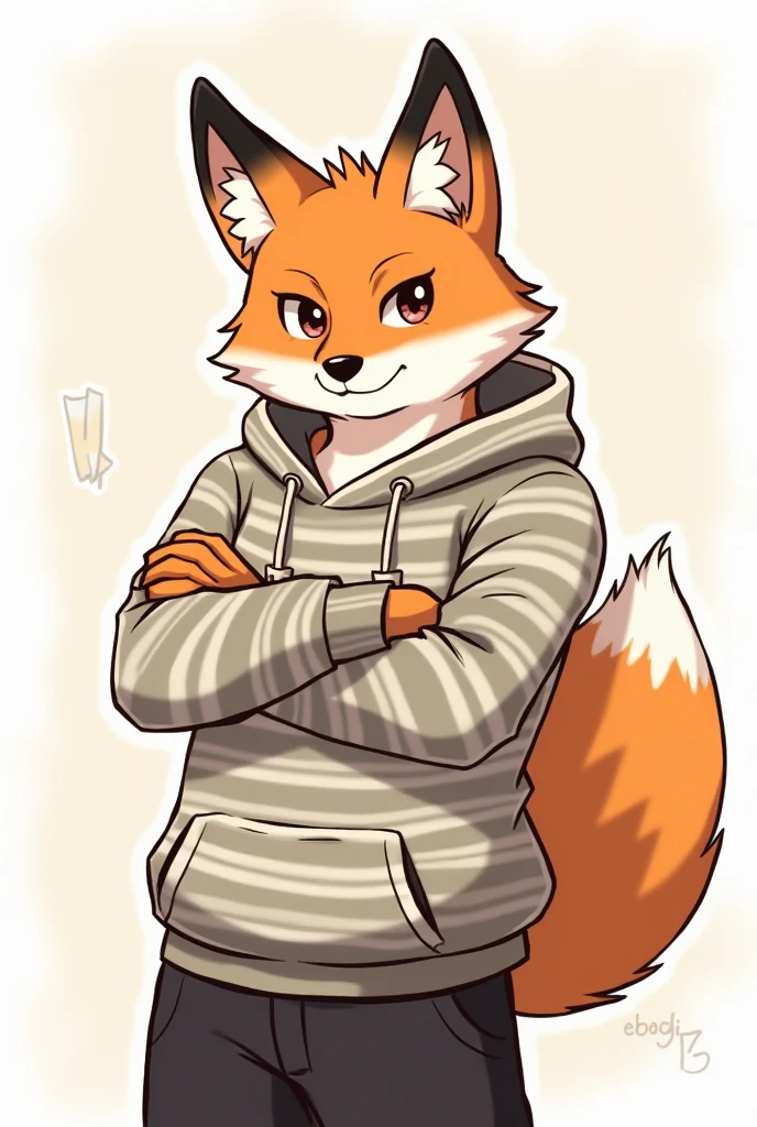 Orange and white fox illustration、professional technology、soft and fluffy fur, Crossed arms, male, striped hoodie,a patch on the left eye 、brown eyes、black long pants、normal physique、edad17、detailed eyes、long sleeve、Clothes up to the waist、Illustration of only the upper body from the waist up.、scribble