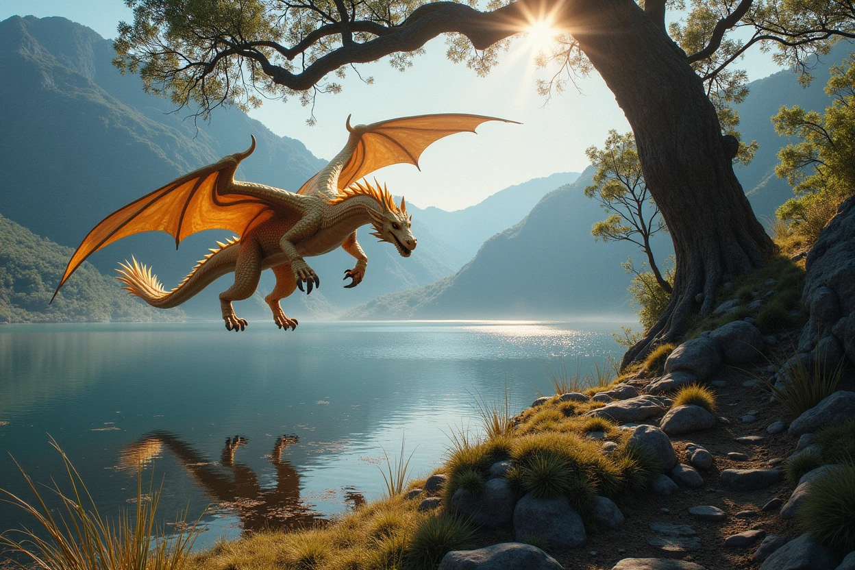 A (golden dragon, 2 wings, 4 legs, dynamic pose) , flys over a lake. 