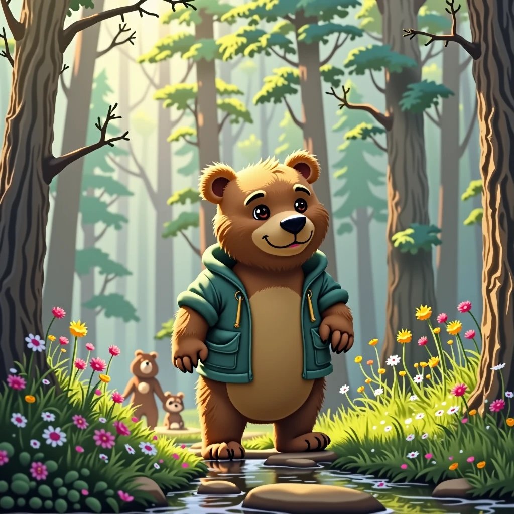 "Benny the bear carefully crossing a sparkling stream on stepping stones. The stream is surrounded by vibrant wildflowers, and Benny looks determined as he heads towards a gathering of animals on the other side."