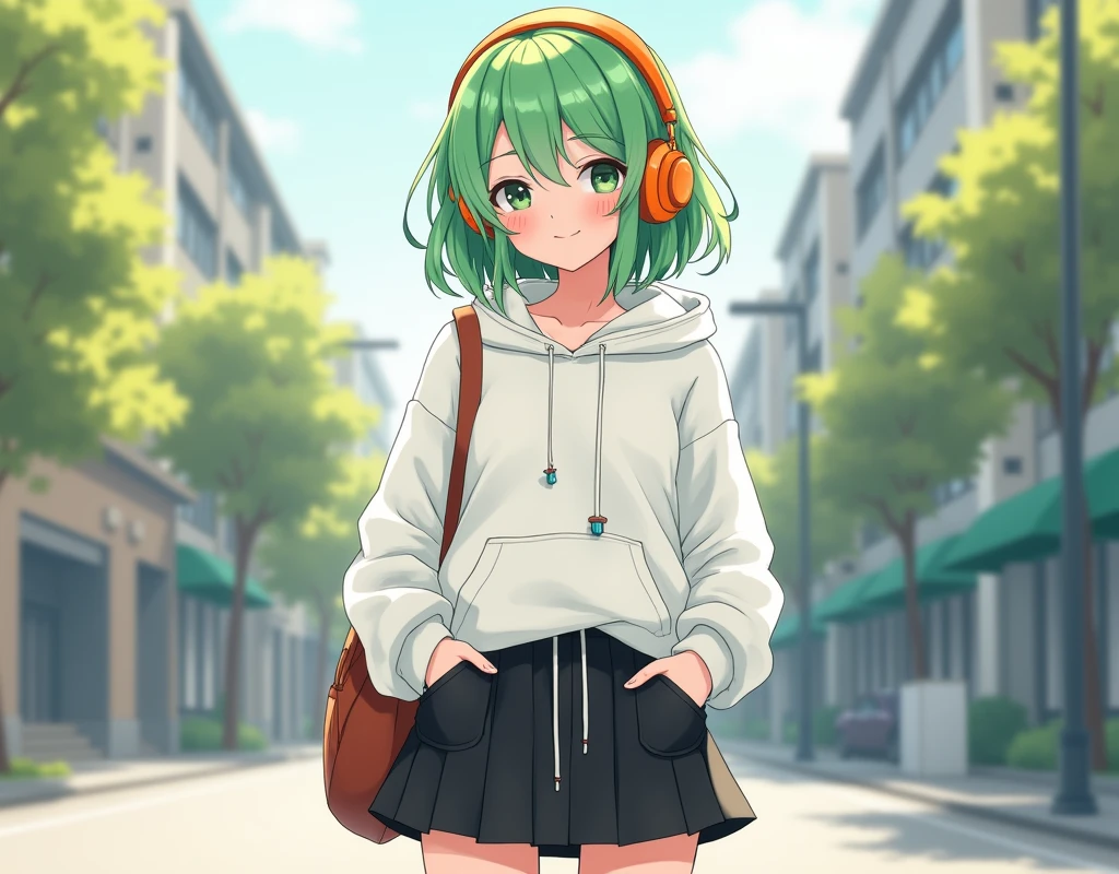 White hoodie、Black miniskirt、Hair is green、A high school girl wearing orange headphones