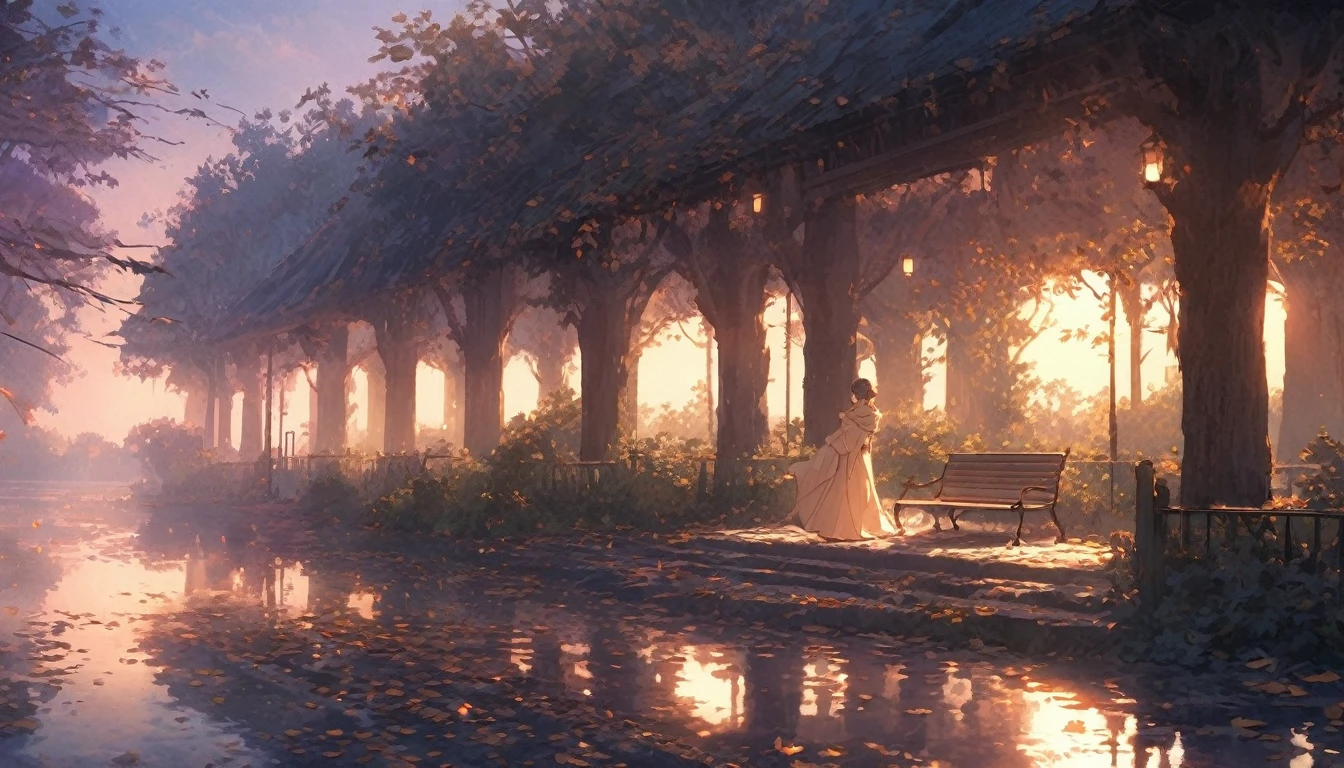 A poignant scene featuring a lone figure seated on a weathered bench in a tranquil, deserted park during twilight. The park is surrounded by fallen leaves and old, neglected pathways, symbolizing the remnants of a past love. The sky is a mix of deep purples and soft oranges, suggesting the end of a chapter and the beginning of introspection. The figure, draped in a coat, gazes out over a calm, reflective pond that mirrors the changing sky. Scattered around the bench are symbols of the past—worn-out letters, a broken locket, and a single rose—representing the broken promises and lost dreams. The overall atmosphere is one of quiet reflection and melancholy, with a faint glow of street lamps casting a soft, golden light, hinting at the possibility of healing and new beginnings. The scene conveys a deep sense of solitude and contemplation, focusing on the emotional process of letting go and finding peace.