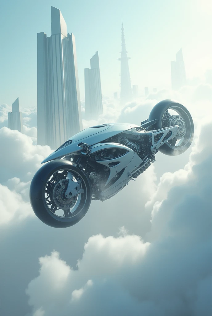 Future motorcycle, flying, clouds, cloudskratzer, Wheels of the motorcycle are tilted vertically 