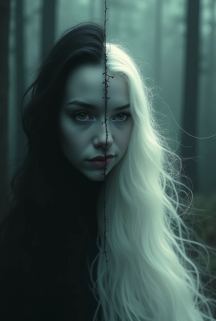 The image appears to be a digitally created artwork featuring a close-up of a person's face, juxtaposed with a smaller, ethereal figure in white. The main figure's face is divided, with half in shadow and the other half illuminated, giving a mysterious and dramatic effect. The smaller figure, positioned on the right side of the image, has long, flowing hair and is wearing a long, flowing white dress. The background is dark and suggests a forest setting. The overall composition conveys a surreal and somewhat gothic atmosphere.