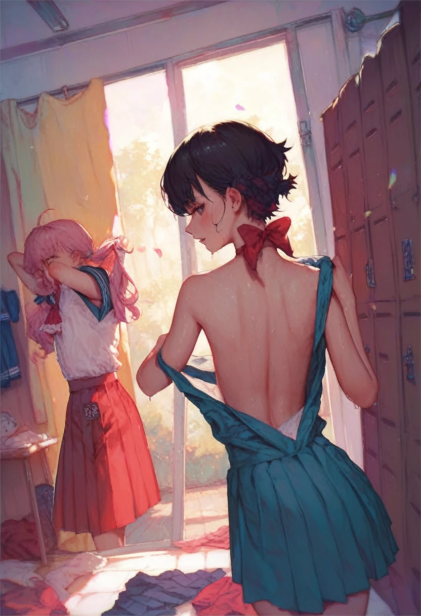 2girls,roromiya,ririchiyo, flat chested, sweaty, stripping off school uniform,,ascot, in a changing room,masterpiece, best quality