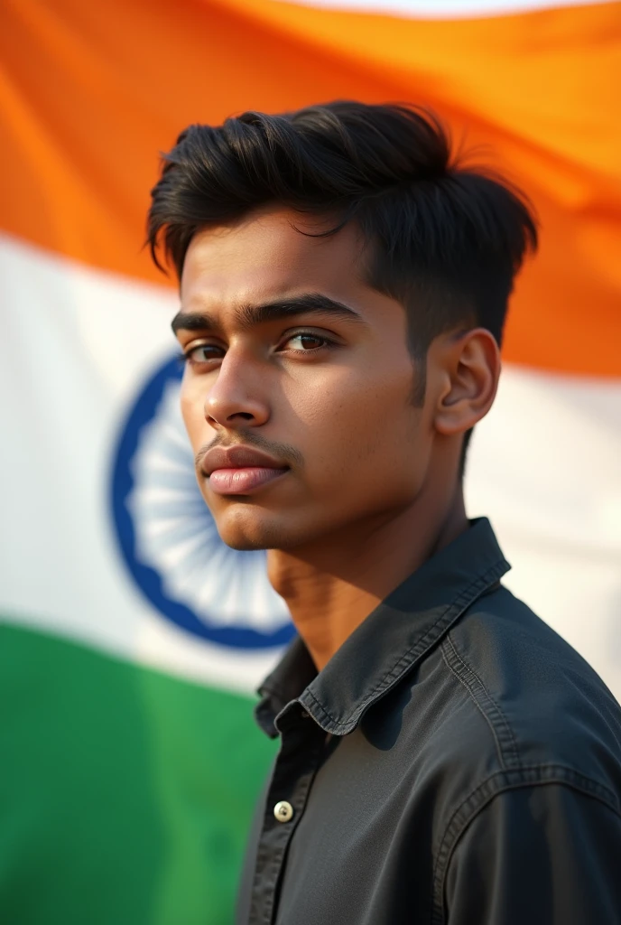 A 20 years old Indian boy no beard background Indian flag