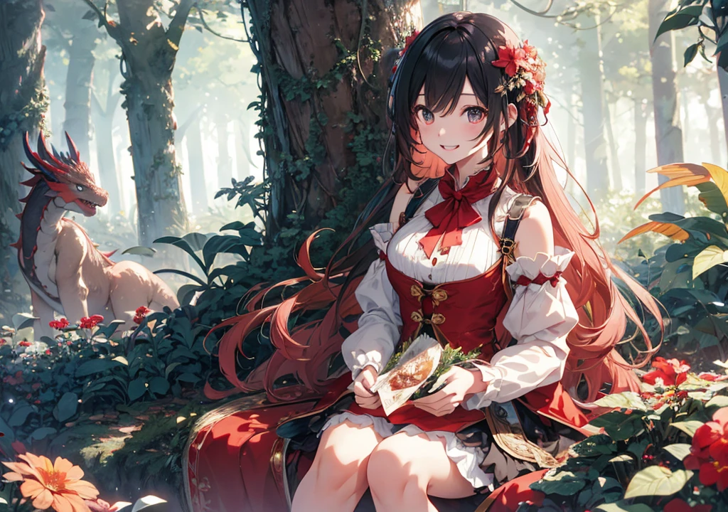 Realistic photos, Focus distance 10mm, Red and white, Beautiful girl, Realistic photos, Shooting at focus distance 10mm, masterpiece, 最high quality, high quality, Very detailed CG 8k wallpaper unit, Award-winning photography, Depth of written boundary, High resolution, bloom, chromatic aberration, Realistic, Very detailed, Art Station Trends, CGsociety Trends, Complex, High detail, dramatic, Art on the go, volumetric lighting, In a Disney-style magical forest、A beautiful girl makes friends with a dragon、Scenes where they play together。Beautiful girl wearing a floral dress、Smiling with the dragon