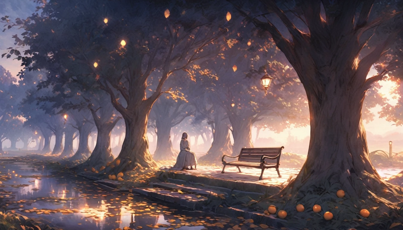A poignant scene featuring a lone figure seated on a weathered bench in a tranquil, deserted park during twilight. The park is surrounded by fallen leaves and old, neglected pathways, symbolizing the remnants of a past love. The sky is a mix of deep purples and soft oranges, suggesting the end of a chapter and the beginning of introspection. The figure, draped in a coat, gazes out over a calm, reflective pond that mirrors the changing sky. Scattered around the bench are symbols of the past—worn-out letters, a broken locket, and a single rose—representing the broken promises and lost dreams. The overall atmosphere is one of quiet reflection and melancholy, with a faint glow of street lamps casting a soft, golden light, hinting at the possibility of healing and new beginnings. The scene conveys a deep sense of solitude and contemplation, focusing on the emotional process of letting go and finding peace.