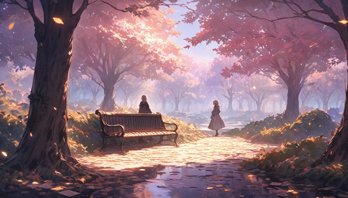 A poignant scene featuring a lone figure seated on a weathered bench in a tranquil, deserted park during twilight. The park is surrounded by fallen leaves and old, neglected pathways, symbolizing the remnants of a past love. The sky is a mix of deep purples and soft oranges, suggesting the end of a chapter and the beginning of introspection. The figure, draped in a coat, gazes out over a calm, reflective pond that mirrors the changing sky. Scattered around the bench are symbols of the past—worn-out letters, a broken locket, and a single rose—representing the broken promises and lost dreams. The overall atmosphere is one of quiet reflection and melancholy, with a faint glow of street lamps casting a soft, golden light, hinting at the possibility of healing and new beginnings. The scene conveys a deep sense of solitude and contemplation, focusing on the emotional process of letting go and finding peace.
