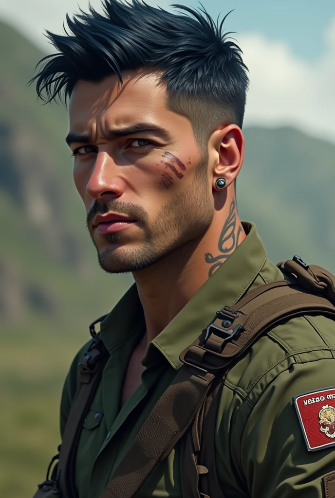 Ivan Craig, Male gender, height 1,89, blue black hair, honey-colored eyes, physical appearance of an experienced military man, wears military clothing almost always, has a scar on his face next to his mouth, he has special tattoos on his arm of the people he couldn&#39;t save lying on the ground dying American