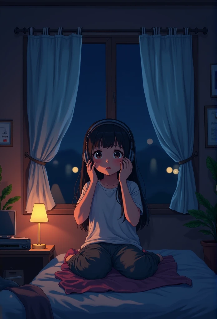 night、Girl listening to music in a cozy room, Use headphones, 2D Style Anime, Lo-Fi, hard disk, Dark Environment、looks fun