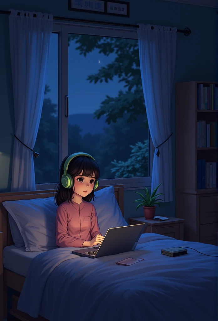 night、Girl listening to music in a cozy room, Use headphones, 2D Style Anime, Lo-Fi, hard disk, Dark Environment、looks fun