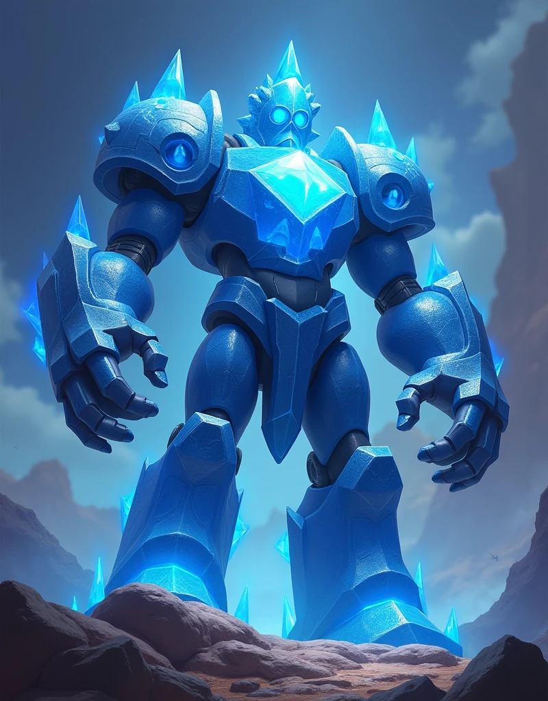 close up of a giant, blue crystal standing on a rock, haver Saturn in you hand,golem, stone golem, fantasy hearthstone art style, blizzard hearthstone concept art, 4k, hogh detailed, a protection Golem with energy aura 