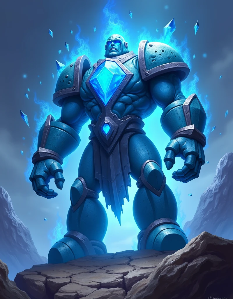 close up of a giant, blue crystal standing on a rock, haver Saturn in you hand,golem, stone golem, fantasy hearthstone art style, blizzard hearthstone concept art, 4k, hogh detailed, a protection Golem with energy aura