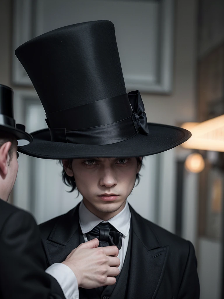 Man, walking on a gloomy street, with his hat or top hat in his hand, shaking hands with a person, with a fearful expression on his face