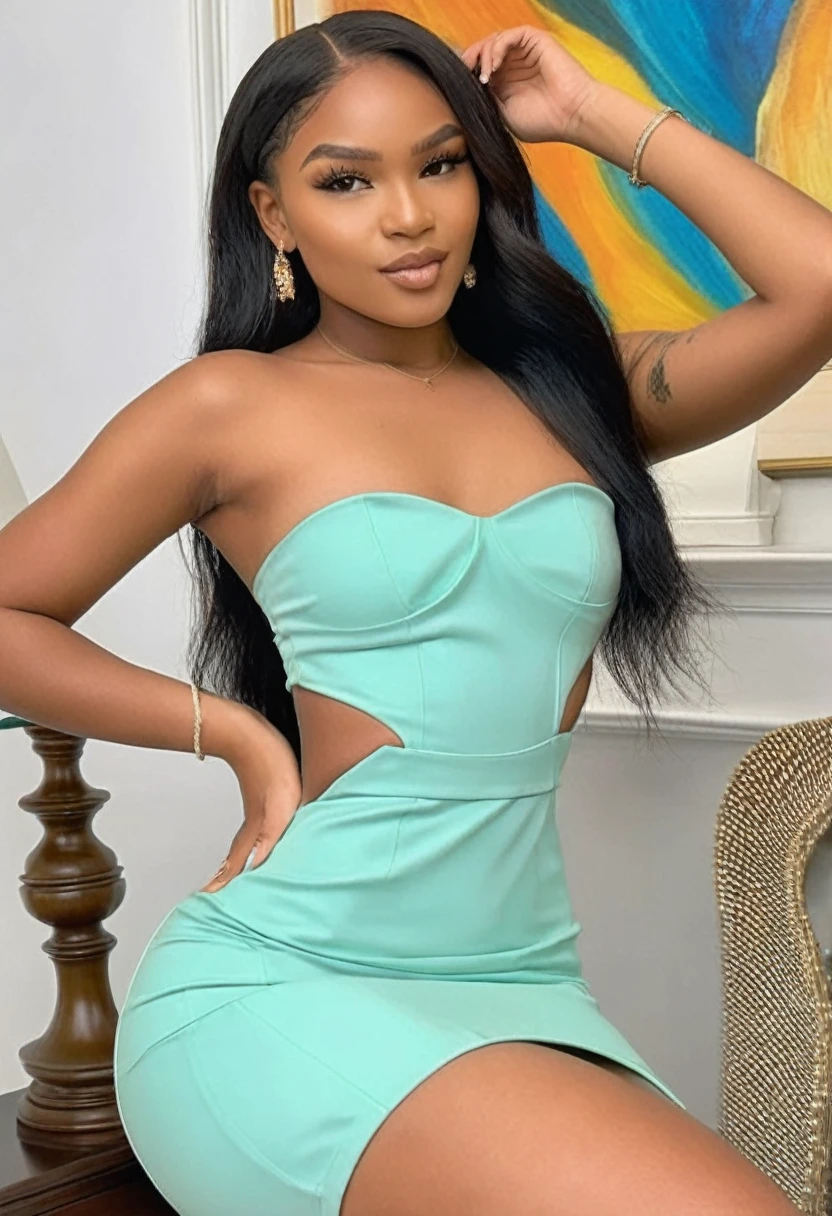 ((high quality:1.2)), work of art, (8k), extremely detailed, ((High detail:1.2)), ((best resolution:1.4)), Solo, ((HoLexi)), 24 years old Angolan young female, (tight short dress strapless), ((medium shot photo)),