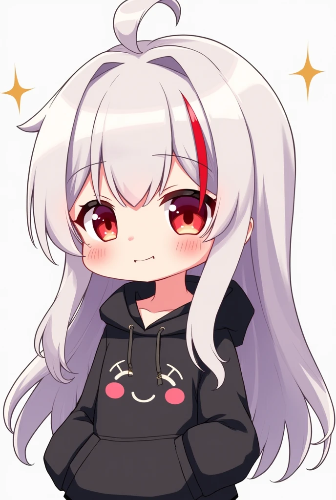 Chibi anime girl with long white hair with a red lock and red eyes wearing a very cheerful black hoodie