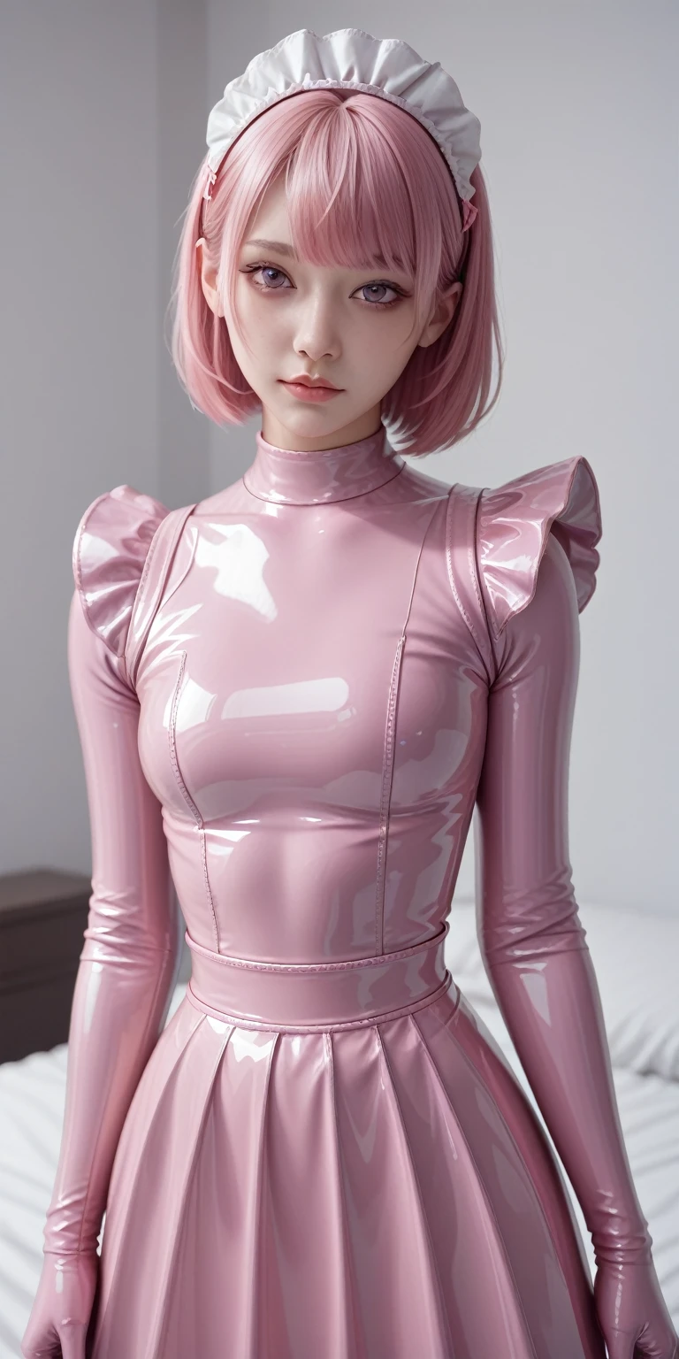 Bust up shot、(masterpiece,Highest quality,Ultra-high resolution),Japanese women, Bob hair with bangs、Maid's headband、(((Very beautiful 25 year old girl))),(Metallic pink long sleeve latex maid outfit)、((Metallic pink mermaid type latex long skirt))、(A long-sleeved metallic pink latex shirt that covers the upper body)、Metallic pink latex gloves、Metallic pink latex socks、Metallic pink latex bodysuit、Frills、Latex is very shiny、Dark Room、Sit on the bed