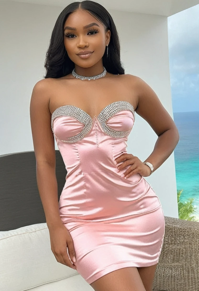 ((high quality:1.2)), (8k), extremely detailed, ((High detail:1.2)), ((best resolution:1.4)), Solo, ((24 years old Angolan female)), ((tight short dress strapless)), BREAK, (((perfect hourglass body))), (((square and defined face of an extremely perfect and beautiful model))),