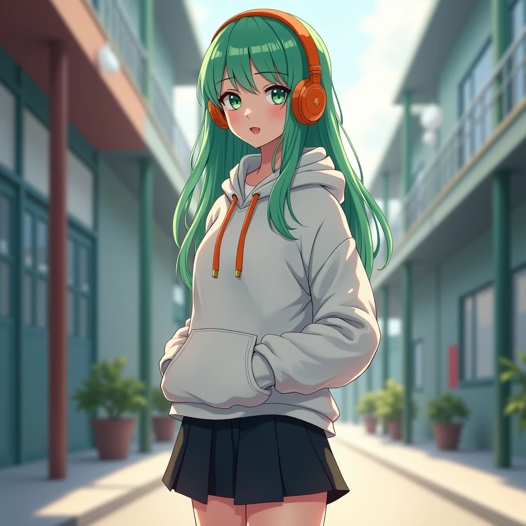 White hoodie、Black miniskirt、Hair is green、A high school girl wearing orange headphones