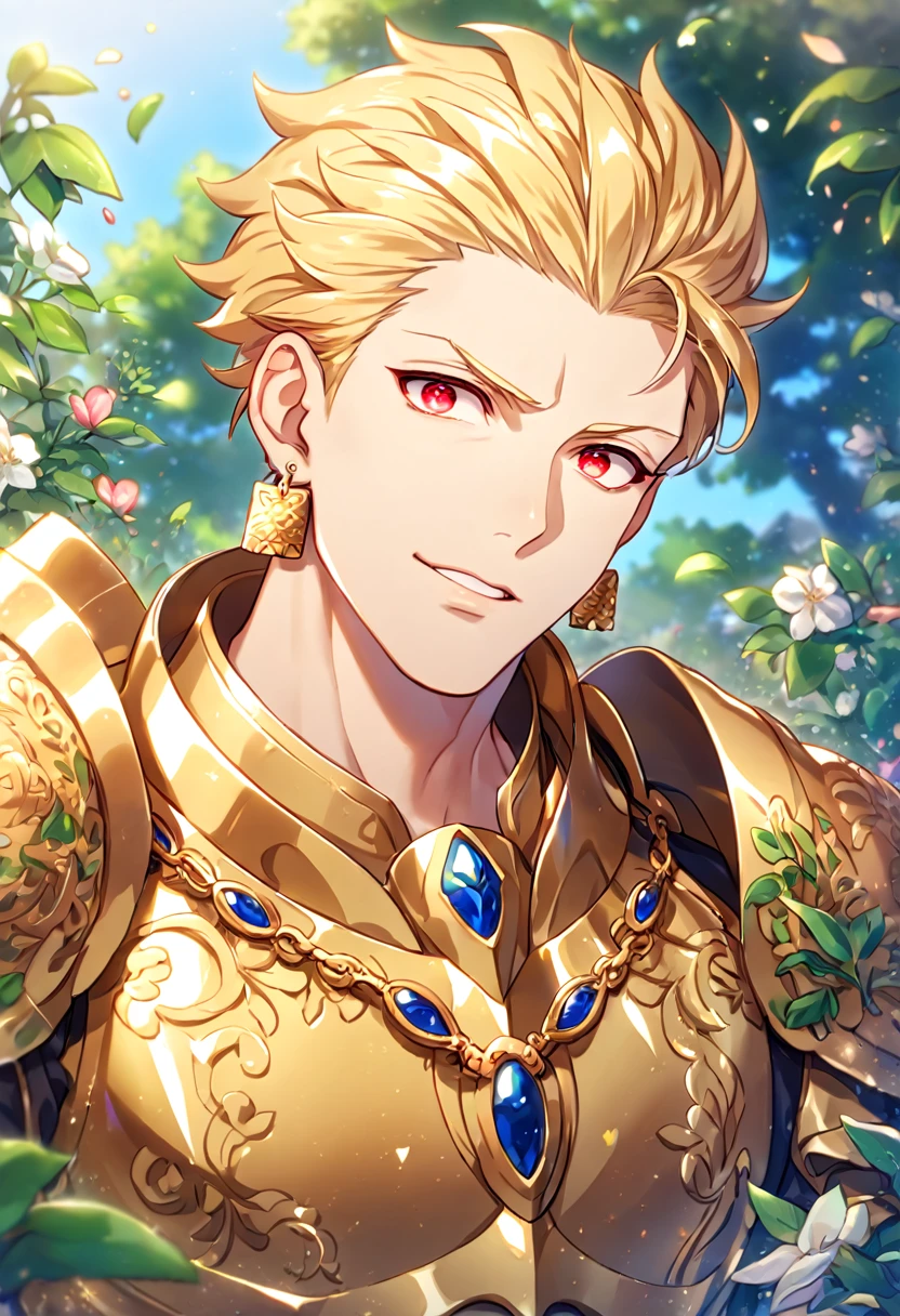 absurdres, highres, ultra detailed, HDR, master piece, best quality, extremely detailed face, delicated features, Gilgamesh, blonde hair, hair slicked up, ruffled hair, expressive red eyes, Fate Stay Night, solo, sexy man, handsome, manly man, golden earrings, golden armor, fantasy, magical, radiant, flowers, garden, blue sky, green leaves