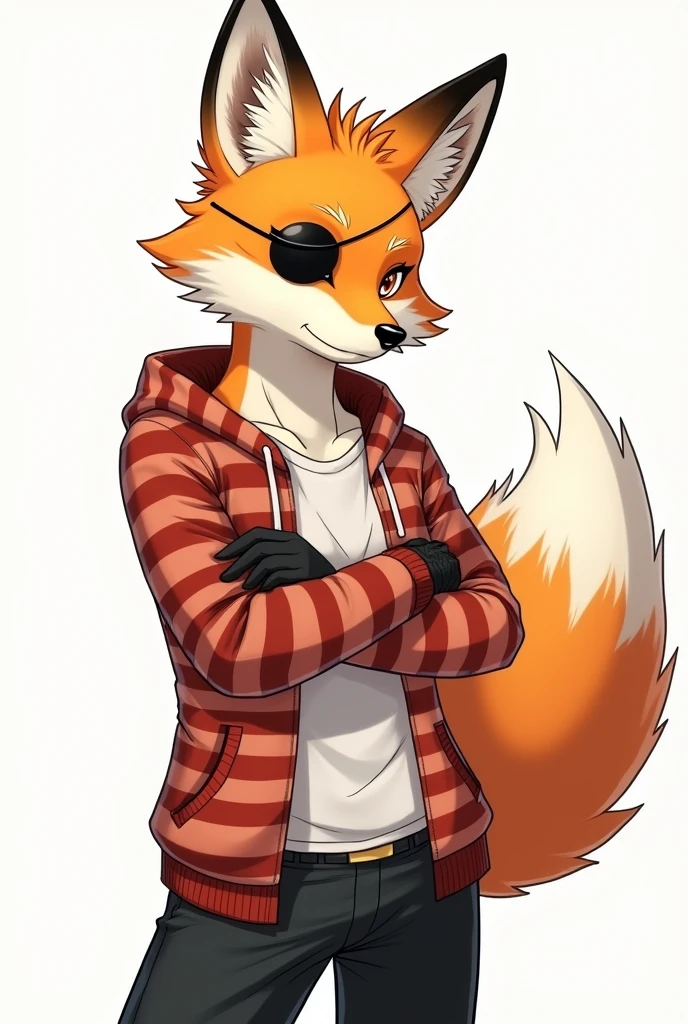 Orange and white fox illustration、professional technology、soft and fluffy fur, Crossed arms, male, striped hoodie, Add a pirate eye patch to the left eye、black long pants、normal physique、edad17、detailed eyes、long sleeve、Clothes up to the waist、Illustration of only the upper body from the waist up.、scribble